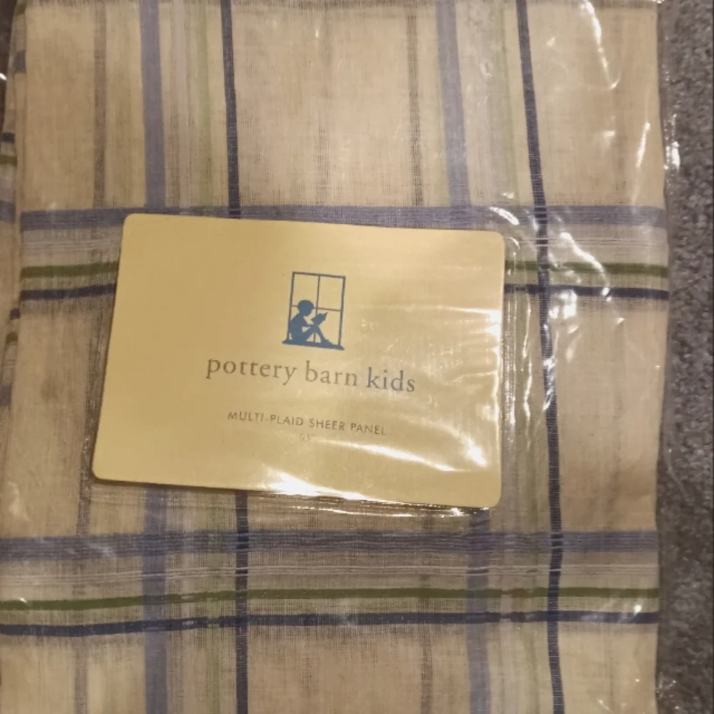 NEW Pottery Barn Kids SINGLE Multi-Plaid Sheer Panel White/Green/Blue 63x44
